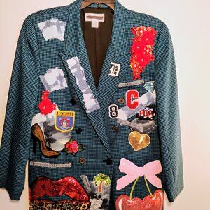 Size 14, thrifted, dry cleaned & designed! Turquoise & black plaid blazer